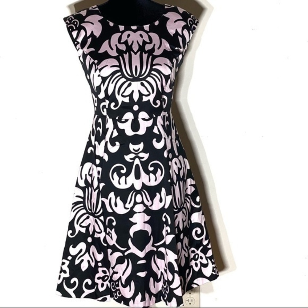 INC Black with Pale Pink Motif Fit & Flare Dress Size 0